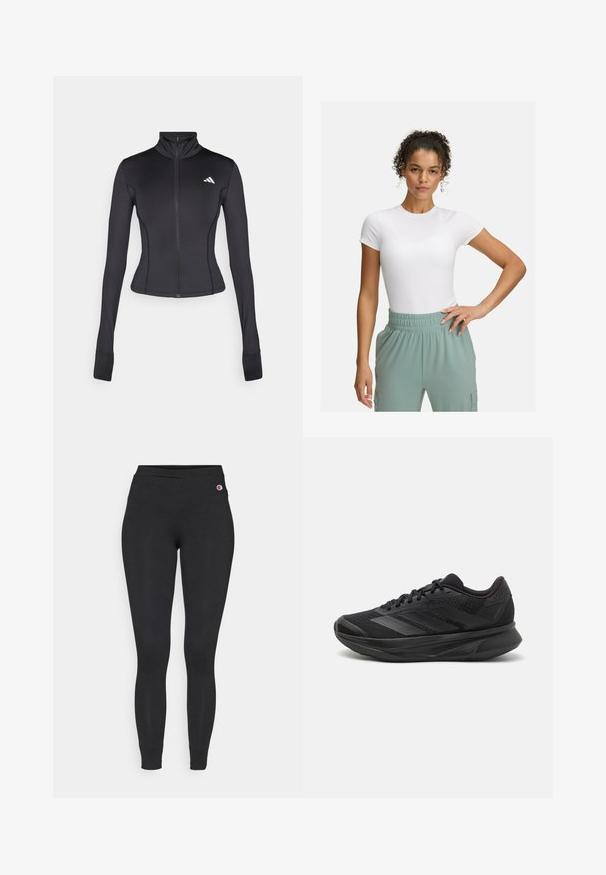 Svart figurnära zip-up-jacka i stretchigt tyg, med långa ärmar, ståkrage och en liten logotyp på vänster bröst.; Vit åtsittande t-shirt med korta ärmar, kombinerad med byxor i ljusgrön med resårmidja. Slät textur, minimalistisk design och inga synliga mönster.; Svarta tajta leggings med elastisk midja, med en liten Champion-logga på övre vänstra höften.; Svart löparskor med ett andningsbart mesh-övre, rund tå, elegant design, texturerade accenter och en dämpad sula för komfort.