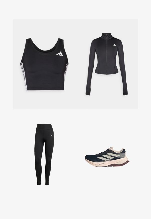 Crna prilagođena jakna na zip, izrađena od rastezljivog materijala, s dugim rukavima, stojećim kragnom i malim logotipom na lijevoj strani prsnog koša.; Crni sportski Crop Top napravljen od rastezljivog materijala. Ima okrugli izrez, bijele bočne pruge i mali bijeli logo na gornjem lijevom dijelu.; Crne sportske tajice s visokim strukom. Izrađene od rastezljivog materijala s bijelim logom na gornjoj lijevoj strani.; Tenisice za trčanje s tamnoplavom mrežastom gornjom partijom, svijetlosmešnim đonom i bijelim trostrukim prugama. Odlikuju se elegantnim, aerodinamičnim oblikom i teksturiranim detaljima.