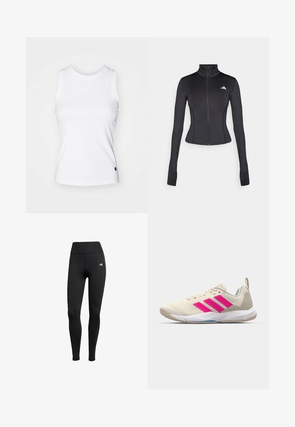 Jaqueta preta ajustada com fecho, feita de tecido elástico, apresentando mangas longas, um colarinho alto e um pequeno logotipo no lado esquerdo do peito.; Top branco sem mangas feito de tecido suave, com decote arredondado e um pequeno logótipo preto na bainha. Design simples, sem padrões.; Leggings atléticos pretos com uma cintura alta. Feitos de um tecido elástico com um detalhe do logótipo branco no lado superior esquerdo.; Sapata atlética bege com logotipo de três riscas cor-de-rosa, parte superior em malha texturizada, colarinho acolchoado e sola de borracha branca, apresentando a marca "LIGHTSTRIKE".