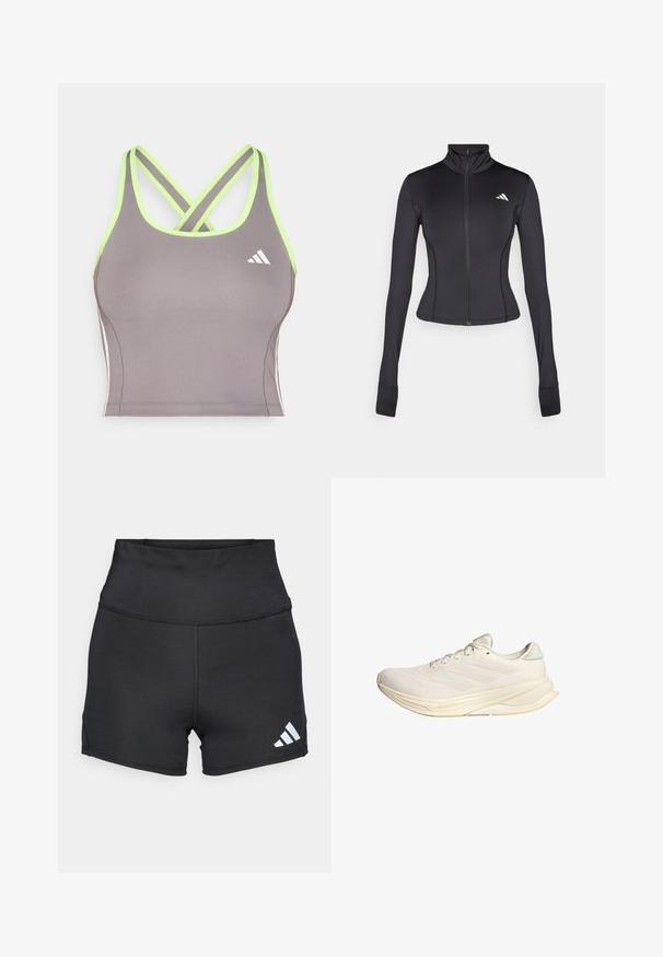 Črna prilegajoča se zip-up jakna iz raztegljivega materiala, z dolgimi rokavi, pokončnim ovratnikom in majhnim logotipom na levem prsnem košu.; Siv športni top z križnimi limetno zelenimi naramnicami, ki vsebuje beli Adidas logotip in eleganten, oprijet dizajn. Gladka tekstura.; adidas Performance Pajkice - black; Svetlo bež športni copat z mrežno zgornjico, ravnimi vezalkami in oblazinjenim podplatom. Ima zasnovo s tremi črtami na bočni strani.