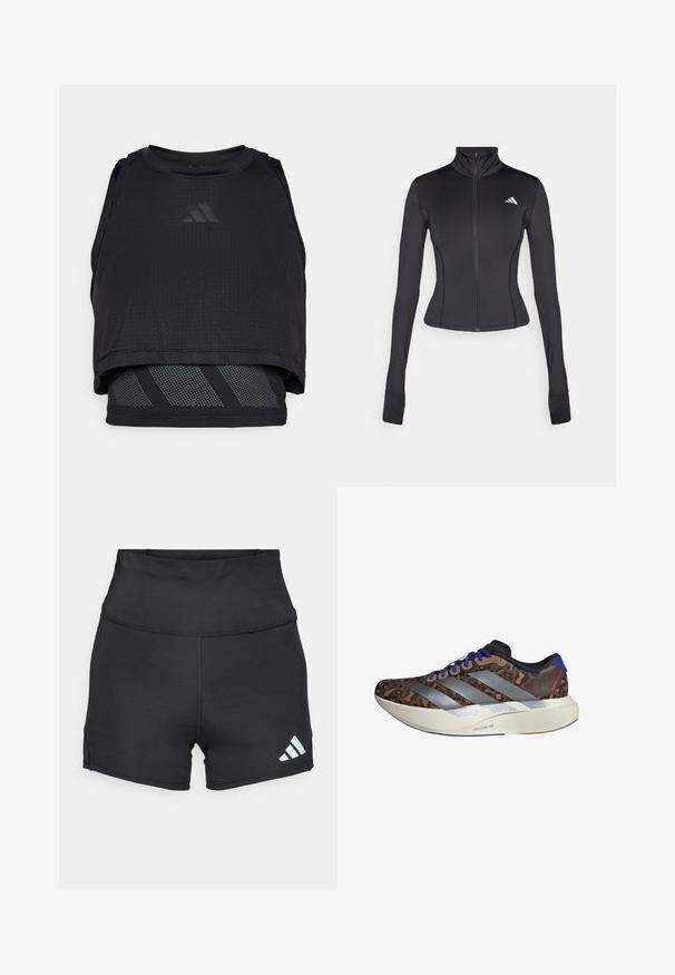 Svart tettsittende jakke med glidelås laget av elastisk stoff, med lange ermer, stående krage og en liten logo på venstre bryst.; Svart idretts crop top med mesh-design, rund hals og lagdelt underlag med grå diagonale striper. Strukturert, pustende stoff.; adidas Performance Tights - black; Løpesko med et brunt leopardmønster på overdelen, sølvstriper, blå detaljer og en hvit mellomsåle merket "LIGHTSTRIKE PRO." Lett design.