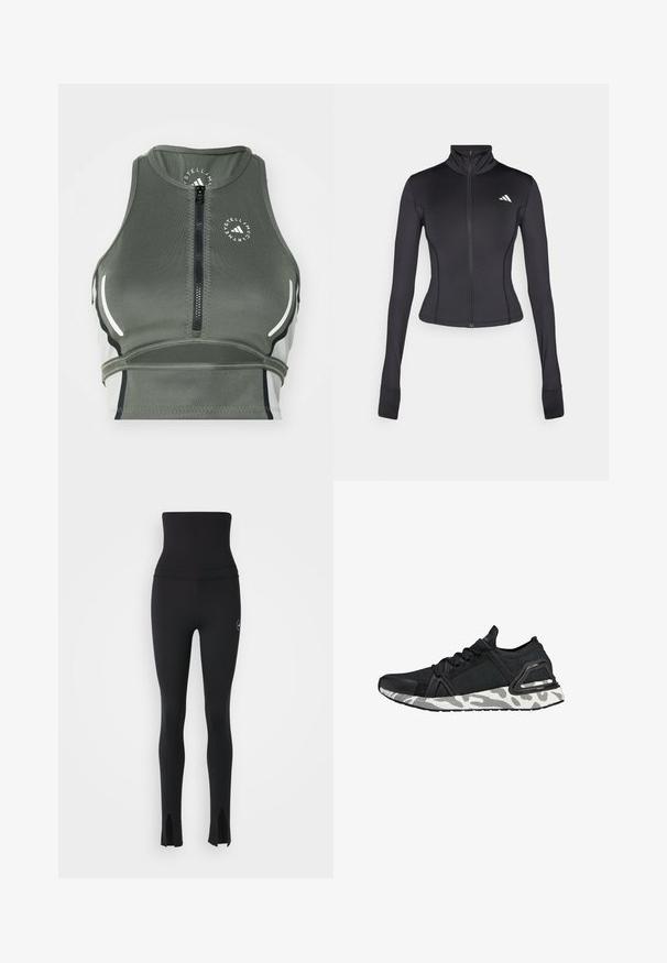 Czarna dopasowana kurtka zapinana na zamek, wykonana z elastycznego materiału, z długimi rękawami, stójką i małym logo na lewej piersi.; Sportowy zielony crop top, wykonany z elastycznego materiału, z zamkiem błyskawicznym z przodu, lekką konstrukcją, białymi akcentami i okrągłym logo.; adidas by Stella McCartney - Rajstopy; Czarny but sportowy z teksturowaną cholewką z tkaniny, gumowym noskiem i białą, wzorzystą podeszwą. Posiada bezpieczny system sznurowania oraz wsparcie w okolicy pięty.