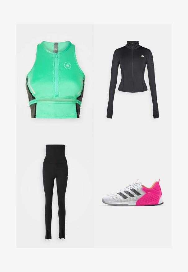 Black fitted zip-up jacket made of stretchy fabric, featuring long sleeves, a stand-up collar, and a small logo on the left chest.; Green athletic crop top with a zip front, featuring black accents, reflective details, and a logo. Made of smooth, stretchy fabric.; adidas by Stella McCartney Leggings - black; White athletic shoe with grey stripes, mesh upper, and pink heel and accents. Features textured heel and rubber outsole. Laces and padded collar.
