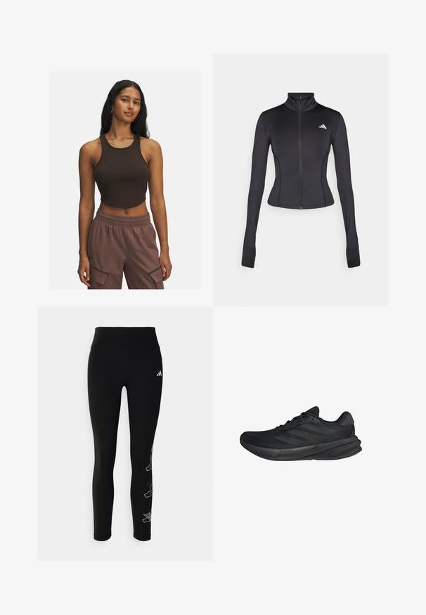 Sort tætsiddende zip-jakke lavet af strækbart stof, med lange ærmer, høj krave og et lille logo på venstre bryst.; Brun ribbet crop top med rund halsudskæring og minimale syninger, parret med lysebrune bukser med sidelommer og elastisk talje.; Sorte leggings lavet af strækbart materiale, med høj talje og et reflekterende logo på hoften, samt et geometrisk accentdesign på benet.; Sorte sportssko med en mesh-overdel, strømlinet form, flad sål og tre diagonale striber på siden. Letvægtsdesign for komfort.