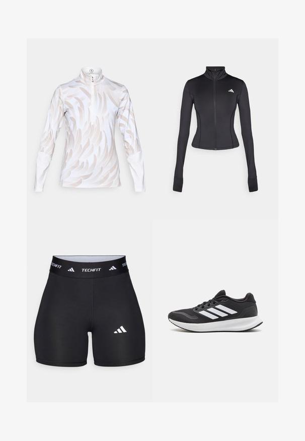 Jaqueta preta ajustada com fecho, feita de tecido elástico, apresentando mangas longas, um colarinho alto e um pequeno logotipo no lado esquerdo do peito.; Camisola atlética de mangas longas em branco com padrão de ondas em bege claro, apresentando um colarinho alto e fecho de meia zip. Tecido suave e elástico.; Calções pretos feitos de um tecido elástico com um design ajustado. Apresentam uma ampla faixa na cintura preta rotulada como "TECHFIT" e um logótipo branco na perna.; Shoe desportivo preto com parte superior em malha, bico redondo e três riscas brancas de lado. Sola leve com sola de borracha texturizada para aderência.