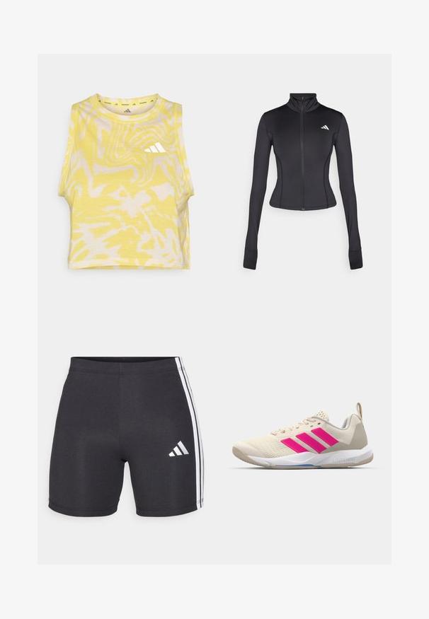Black fitted zip-up jacket made of stretchy fabric, featuring long sleeves, a stand-up collar, and a small logo on the left chest.; Yellow sleeveless crop top with abstract white pattern, round neckline, and subtle logo detail in white on the front. Soft fabric texture.; Black athletic shorts made of stretch fabric, featuring white side stripes and an Adidas logo on the lower right leg. Smooth texture.; Beige athletic shoe with pink three-stripe logo, textured mesh upper, padded collar, and white rubber sole, featuring "LIGHTSTRIKE" branding.