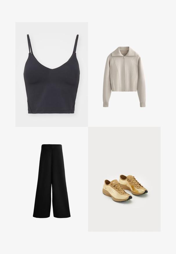 Zkrácená mikina na zip v světle béžové barvě, s ribbeným límcem a bočními panely s texturovaným detailem. Měkká látka s dlouhými rukávy.; Černý bezešvý bralette s tenkými nastavitelnými ramínky, ve výstřihu do V a přiléhavým střihem. Měkká, elastická látka bez viditelného kování.; Černé široké kalhoty z měkké látky. Mají vysoký pas a hladkou texturu s čistými liniemi, nabízejí volný, pohodlný střih.; Pár béžových a pískových tenisek Nike Air s perforovanými detaily, tkaničkami a černými podrážkami doplněnými o malé zelené proužky.