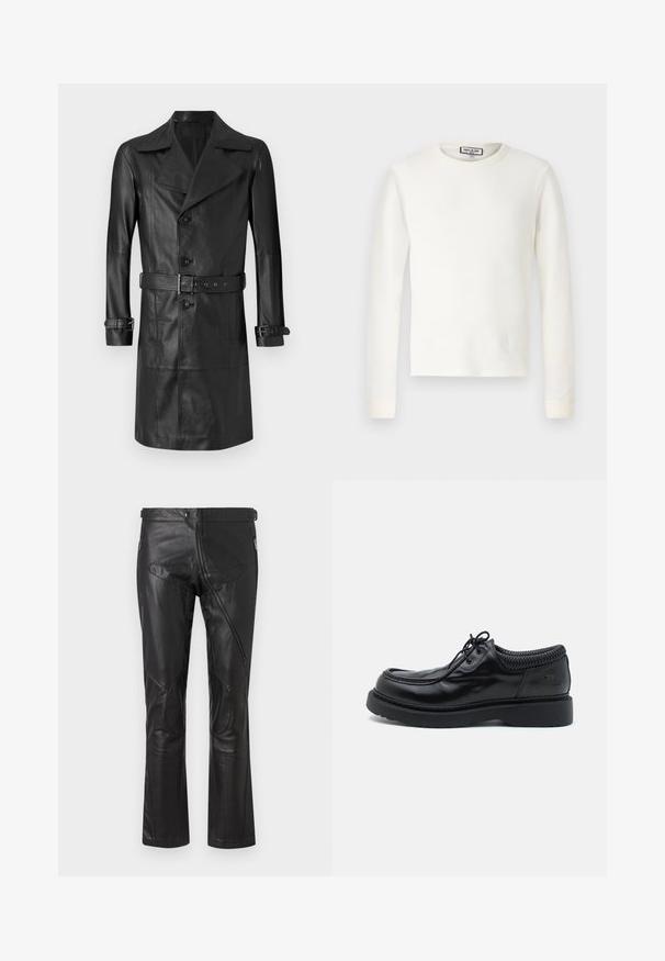 Zwarte leren trenchcoat met een dubbelzijdige voorkant, grote kraag, ceintuur in de taille en manchetten met banden. Gladde textuur, knielange design.; Witte thermoshirt met lange mouwen, ribbelstructuur, ronde hals en gebande mouwen. Eenvoudig ontwerp zonder patronen of extra accenten.; Zwarte leren broeken met een rechte pasvorm, voorzien van ritszakken, kniestukken en verstelbare taille details. Glad textuur.; Zwarte leren schoenen met een ronde neus en een dikke rubberen zool. Voorzien van een gevlochten kraag en gebogen stiksels langs de bovenkant.