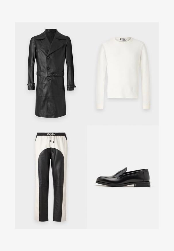 Juodas odinis trenčkotis su dvigubu užsegimu, dideliu apykakle, diržu juosmens srityje ir rankogalių dirželiais. Lygaus paviršiaus, iki kelių ilgio.; Balta ilga rankovė termoaktyvi marškinė su ribota tekstūra, apvaliu iškirpimu ir juostelėmis aplink riešus. Švarus dizainas be raštų ar papildomų akcentų.; Juodos ir grietinėlės spalvos kelnės su laisvu kirpimu, elastinga juosta su raišteliu bei odos ir audinio mišiniu.; Juodos odinės loafers, turinčios lygų paviršių, apvalią noselę ir dekoratyvinę juostą per priekinę dalį. Žemas krentantis kulnas, minimalistinis dizainas.