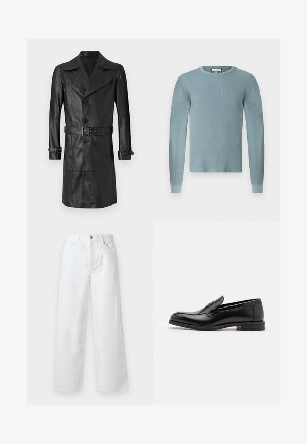 Schwarzer Leder-Trenchcoat mit doppelter Knopfleiste, großem Kragen, tailliertem Gürtel und Riegeln an den Ärmeln. Glatte Textur, knielanges Design.; Helles blaues Langarmhemd mit gerippter Textur und Rundhalsauschnitt. Verfügt über eng anliegende Bündchen und ein einfaches Markenlabel am Kragen.; rag & bone BAGGY - Baggy Jeans - white; Schwarze Lederloafers mit glatter Textur, rundem Zehenbereich und einem dekorativen Riemen über dem Vorderfuß. Niedriger, gestapelter Absatz, minimalistisches Design.