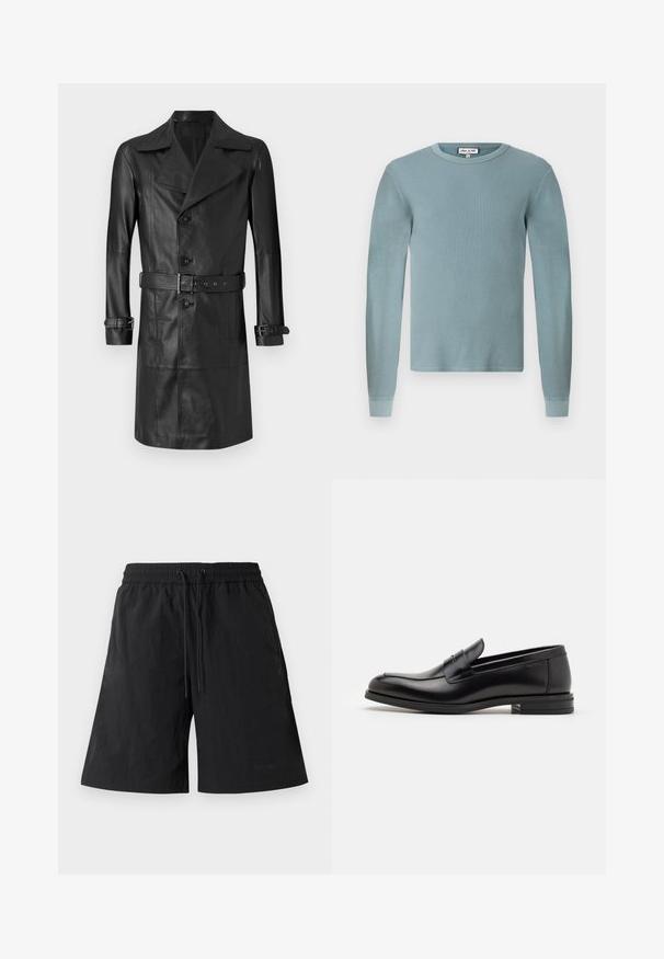 Fekete bőr trench coat, dupla gombolású előlappal, nagy gallérral, övvel ellátott derékkal és csukló pántokkal. Simább textúra, térd hosszúságú design.; Világoskék, hosszú ujjú ing, bordázott textúrával és kerek nyakkal. Illeszkedő mandzsettákkal rendelkezik, és egy egyszerű márkajelzés található a galléron.; Fekete rövidnadrág könnyű anyagból, texturált felülettel, rugalmas derékszíjjal és állítható húzózsinórral.; Fekete bőr loaferek sima textúrával, kerek orral és dekoratív pánttal a vampnál. Alacsony, rétegelt sarkú, minimalista dizájn.