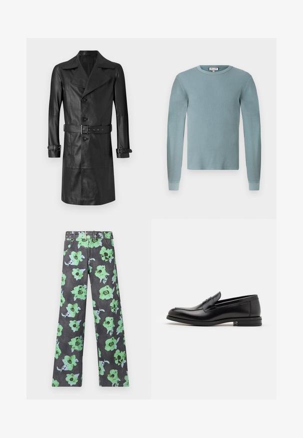 Black leather trench coat with a double-breasted front, large collar, belted waist, and cuff straps. Smooth texture, knee-length design.; Light blue long-sleeve shirt with a ribbed texture and a round neckline. Features fitted cuffs and a simple branded label on the collar.; Floral-printed pants in dark gray featuring large green and blue flowers. Includes a matching belt with multiple studs and eyelets.; Black leather loafers with a smooth texture, rounded toe, and a decorative strap across the vamp. Low stacked heel, minimalist design.