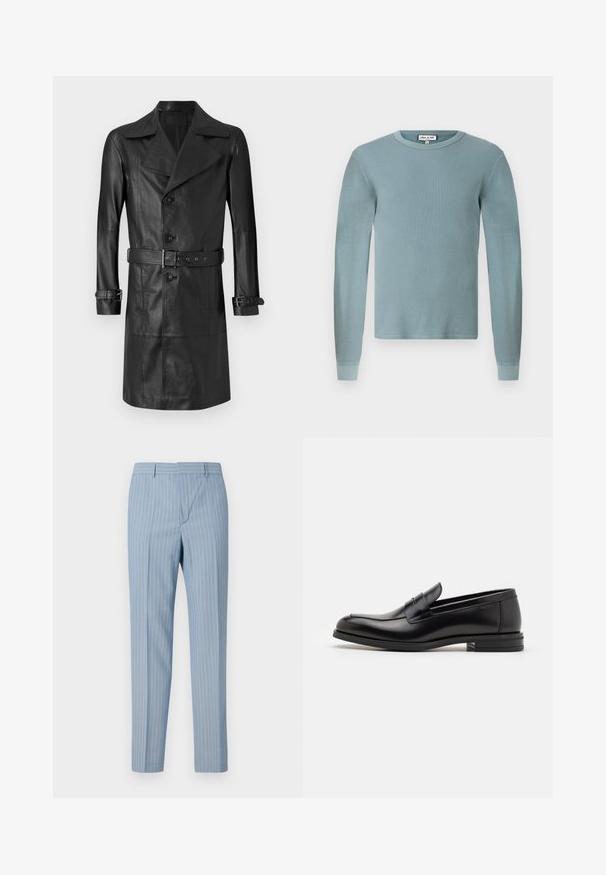 Manteau en cuir noir avec un devant croisé, grand col, taille ceinturée et brides aux poignets. Texture lisse, design jusqu'aux genoux.; Chemise à manches longues bleu clair avec une texture côtelée et un col rond. Présente des poignets ajustés et une étiquette de marque simple sur le col.; Pantalons rayés bleu clair à coupe slim, dotés de rayures verticales blanches. Fabriqués à partir d'un tissu lisse avec un design ajusté.; Mocassins en cuir noir avec une texture lisse, bout rond et une sangle décorative sur le dessus. Talon bas empilé, design minimaliste.