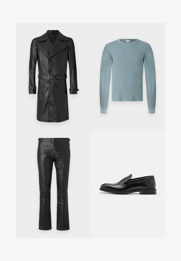 Capa de trench coat de couro preto com frente de duplo fecho, grande colarinho, cintura cingida e tiras nas mangas. Textura suave, design até ao joelho.; Camisa de manga longa azul-clara com textura canelada e decote redondo. Apresenta punhos ajustados e um rótulo de marca simples no colarinho.; Calças de pele preta com um design de perna reta, apresentando bolsos com fecho éclair, remendos nos joelhos e detalhes de cintura ajustável. Textura suave.; Mocassins de couro preto com uma textura suave, bico arredondado e uma faixa decorativa sobre o peito do pé. Salto baixo e empilhado, design minimalista.