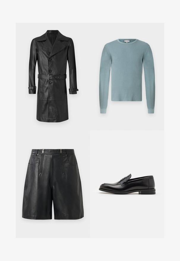 Czarny skórzany płaszcz trench z podwójnym zapięciem, dużym kołnierzem, paskiem w talii i paskami przy mankietach. Gładka faktura, długość do kolan.; Jasnoniebieska koszula z długim rękawem o prążkowanej teksturze i okrągłym dekolcie. Posiada dopasowane mankiety oraz prostą metkę z logo na kołnierzyku.; Czarne szorty z sztucznej skóry z dwiema pionowymi kieszeniami na zamek z przodu i szlufkami na pasek, eksponowane na białym tle.; Czarne skórzane mokasyny o gładkiej fakturze, zaokrąglonym nosku i dekoracyjnym pasku na przodzie. Niski, warstwowy obcas, minimalistyczny design.