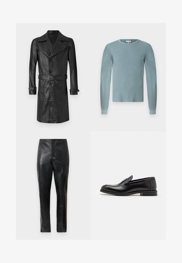Mustast nahast trench coat, millel on kahekordne eesmine nööpide rida, suur krae, vöökoht ning mansettide rihmad. Sile tekstuur, põlvepikkune disain.; Helesinise sinine pika varrukaga särk, millel on ribakujundus ja ümmargune kaelus. Omab kinnitatud mansette ja lihtsat brändi silt kaeluses.; Mustad faux nahk püksid, millel on peen krokodillimuster, sirge säärejoone ja kõrge vöökoht, esitatud tavalise valge taustal.; Mustad mustad nahast loafers sileda tekstuuriga, ümarat ninaosa ja dekoratiivne riba vampi üle. Madal kihiline konts, minimalistlik disain.