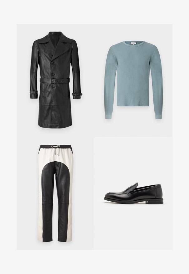 Mustast nahast trench coat, millel on kahekordne eesmine nööpide rida, suur krae, vöökoht ning mansettide rihmad. Sile tekstuur, põlvepikkune disain.; Helesinise sinine pika varrukaga särk, millel on ribakujundus ja ümmargune kaelus. Omab kinnitatud mansette ja lihtsat brändi silt kaeluses.; Mustard ja kreemja värvusega püksid, millel on lõdva sobivus, elastne vöökoht koos nööriga ning nahast ja kangast materjalide segu.; Mustad mustad nahast loafers sileda tekstuuriga, ümarat ninaosa ja dekoratiivne riba vampi üle. Madal kihiline konts, minimalistlik disain.