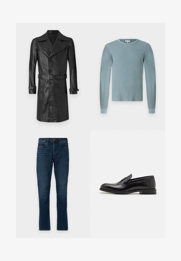 Manteau en cuir noir avec un devant croisé, grand col, taille ceinturée et brides aux poignets. Texture lisse, design jusqu'aux genoux.; Chemise à manches longues bleu clair avec une texture côtelée et un col rond. Présente des poignets ajustés et une étiquette de marque simple sur le col.; Jean en denim bleu foncé, coupe droite, cinq poches, passants de ceinture et détails de décoloration subtils. Coutures cousues et fermeture à boutons.; Mocassins en cuir noir avec une texture lisse, bout rond et une sangle décorative sur le dessus. Talon bas empilé, design minimaliste.