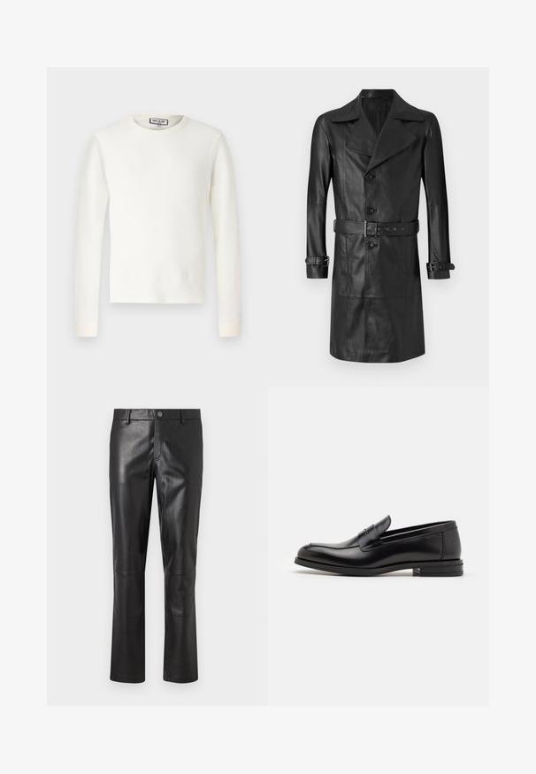 Crni kožni trench kaput s dvostrukim kopčanjem sprijeda, velikim ovratnikom, remenom u struku i remenčićima na rukavima. Glatka tekstura, dizajn dužine do koljena.; Bijela tajica dugih rukava s termalnim efektom, rebrastom teksturom, okruglim izrezom i elastičnim manžetama. Čist dizajn bez uzoraka ili dodatnih naglaska.; Crne kožne hlače s glatkom teksturom, ravnim krojem i suptilnim šavovima uz šavove. Imaju kopčanje na dugme u struku.; Crni kožni mokasini s glatkom teksturom, zaobljenim prstima i ukrasnom trakom preko prednjeg dijela. Niski slojeviti potplat, minimalistički dizajn.
