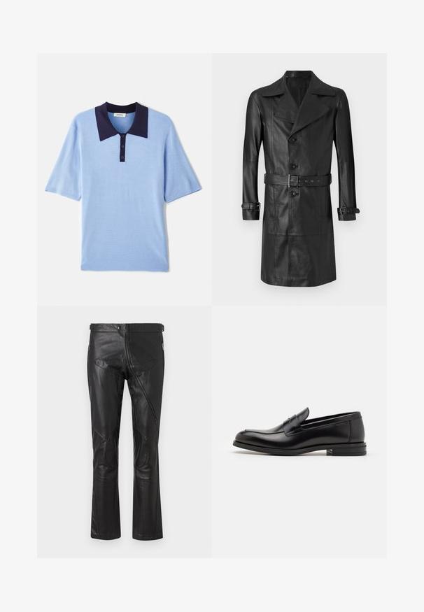 Mustassa nahkaylätakissa on kaksirivinen etuosa, suuri kaulus, vyötärölle kiinnitettävä vyö ja hihansuiden hihnat. Takki on sileätekoinen ja polvipitkä.; Vaaleansininen lyhythihainen polo-paita, jossa on tummansininen kaulus ja kolmen napin lista. Rakenne on teksturoitu ja se on pehmeä sekä hengittävä.; Mustat nahkahousut suoranlahkeisella muotoilulla, joissa on vetoketjulliset taskut, polvipaikat ja säädettävät vyötäröyksityiskohdat. Tasainen pinta.; Mustat nahkakengät, joissa on sileä pinta, pyöreä kärki ja koristeellinen nauha jalkapöydän yli. Matala pinoitu koroke, minimalistinen muotoilu.