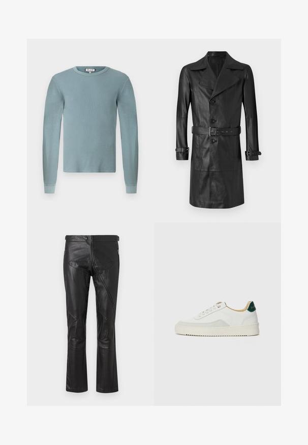 Mustassa nahkaylätakissa on kaksirivinen etuosa, suuri kaulus, vyötärölle kiinnitettävä vyö ja hihansuiden hihnat. Takki on sileätekoinen ja polvipitkä.; Vaaleansininen pitkähihainen paita, jossa on ribattua tekstuuria ja pyöreä pääntie. Varustettu istuvilla hihansuilla ja yksinkertaisella bränditunnuksella kauluksessa.; Mustat nahkahousut suoranlahkeisella muotoilulla, joissa on vetoketjulliset taskut, polvipaikat ja säädettävät vyötäröyksityiskohdat. Tasainen pinta.; Valkoiset tennarit, joissa on nahkaosia, pyöreä kärki, tasaiset nauhat ja kermaisa kumi-pohja. Takana vihreä brändäys.