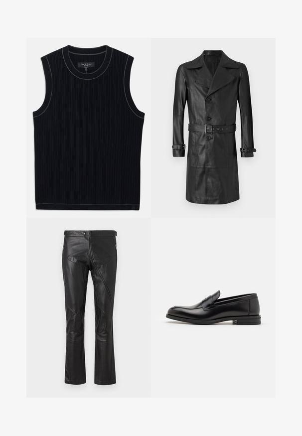 Schwarzer Leder-Trenchcoat mit doppelter Knopfleiste, großem Kragen, tailliertem Gürtel und Riegeln an den Ärmeln. Glatte Textur, knielanges Design.; Schwarzes ärmelloses Top aus geripptem Stoff, mit rundem Ausschnitt und sauberem Saum. Dezente Kontrastverarbeitung entlang des Ausschnitts.; Schwarze Lederhosen mit geradem Bein, ausgestattet mit Reißverschlusstaschen, Knieflicken und verstellbaren Taillendetails. Glatte Textur.; Schwarze Lederloafers mit glatter Textur, rundem Zehenbereich und einem dekorativen Riemen über dem Vorderfuß. Niedriger, gestapelter Absatz, minimalistisches Design.