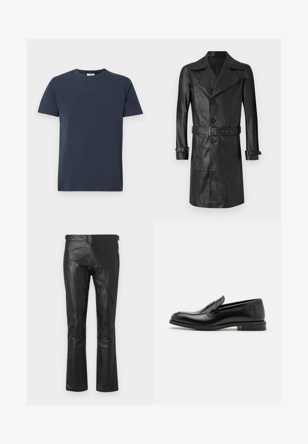 Mustassa nahkaylätakissa on kaksirivinen etuosa, suuri kaulus, vyötärölle kiinnitettävä vyö ja hihansuiden hihnat. Takki on sileätekoinen ja polvipitkä.; Laivastonsininen lyhythihainen T-paita, joka on valmistettu puuvillasta. Siinä on pyöreä kaula-aukko ja yksinkertainen, sileä texture ilman näkyviä kuvioita tai yksityiskohtia.; Mustat nahkahousut suoranlahkeisella muotoilulla, joissa on vetoketjulliset taskut, polvipaikat ja säädettävät vyötäröyksityiskohdat. Tasainen pinta.; Mustat nahkakengät, joissa on sileä pinta, pyöreä kärki ja koristeellinen nauha jalkapöydän yli. Matala pinoitu koroke, minimalistinen muotoilu.