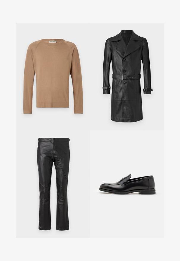 Black leather trench coat with a double-breasted front, large collar, belted waist, and cuff straps. Smooth texture, knee-length design.; Light brown knit sweater with long sleeves, crew neck, and raglan seams. Soft texture and simple design. Unembellished and versatile.; Black leather pants with a straight-leg design, featuring zippered pockets, knee patches, and adjustable waist details. Smooth texture.; Black leather loafers with a smooth texture, rounded toe, and a decorative strap across the vamp. Low stacked heel, minimalist design.