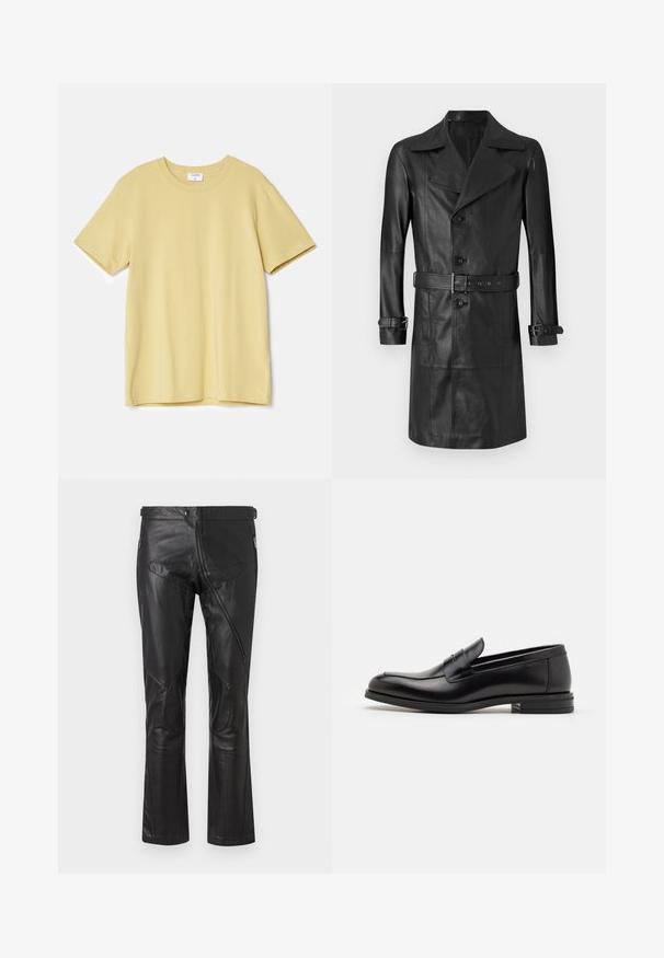 Crni kožni trench kaput s dvostrukim kopčanjem sprijeda, velikim ovratnikom, remenom u struku i remenčićima na rukavima. Glatka tekstura, dizajn dužine do koljena.; Žuta majica kratkih rukava od mekog pamuka, s okruglim izrezom i ravnim krojem bez vidljivih uzoraka ili akcenata.; Crne kožne hlače ravnog kroja, s patentnim zatvaračima na džepovima, ušivenim zakrpama na koljenima i podesivim detaljima na struku. Glatka tekstura.; Crni kožni mokasini s glatkom teksturom, zaobljenim prstima i ukrasnom trakom preko prednjeg dijela. Niski slojeviti potplat, minimalistički dizajn.