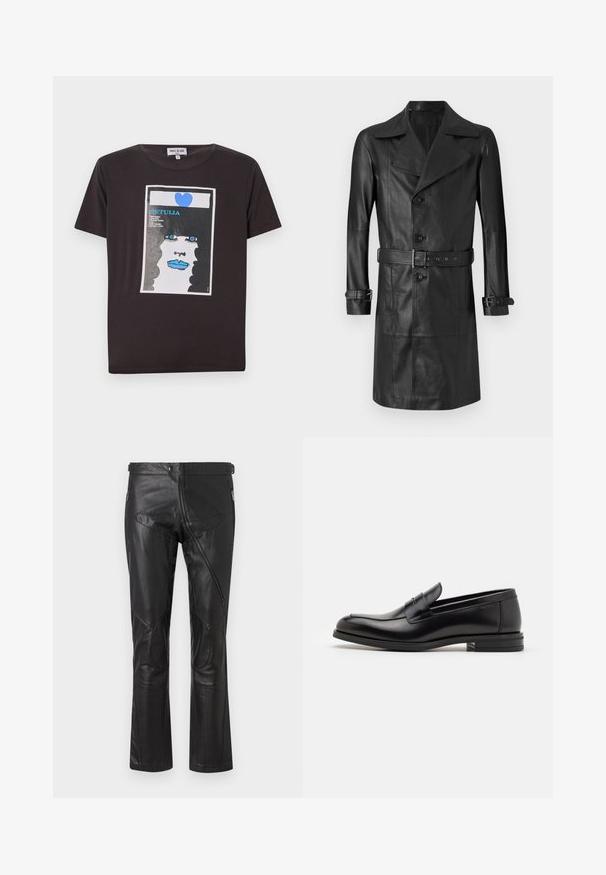Zwarte leren trenchcoat met een dubbelzijdige voorkant, grote kraag, ceintuur in de taille en manchetten met banden. Gladde textuur, knielange design.; Zwarte katoenen t-shirt met een grafisch ontwerp van het gezicht van een vrouw met blauwe lippen, grote blauwe ogen en een hart, omlijst in een witte rechthoek.; Zwarte leren broeken met een rechte pasvorm, voorzien van ritszakken, kniestukken en verstelbare taille details. Glad textuur.; Zwarte leren instappers met een gladde textuur, ronde neus en een decoratieve band over de wreef. Lage, gestapelde hak en minimalistisch ontwerp.