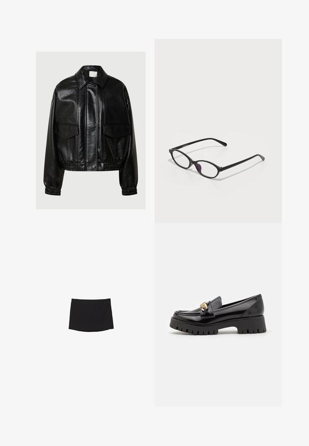 Schwarze Kunstlederjacke mit spitzem Kragen, vorderen Klapptaschen, elastischen Bündchen und elastischem Saum auf einem grauen Hintergrund.; Weißer kurzärmeliger Body aus glattem, dehnbarem Stoff. Hat einen runden Halsausschnitt und ein Tanga-Rückendesign. Minimalistisch und figurbetont.; Schwarzer Minirock aus glattem, dehnbarem Stoff; mit geradem Schnitt, subtilem Saum und ohne sichtbare Verschlüsse oder Muster.; Schwarze Lackleder-Latschen mit einer dicken, gezackten schwarzen Sohle und einem goldenen Hardware-Akzent an der Vorderseite. Glatte Textur, klassisches Design.; Schwarze Kunststoffbrille mit ovaler Form, ausgestattet mit klaren Gläsern und einem lila Akzent auf dem linken Glas. Elegantes, minimalistisches Design.