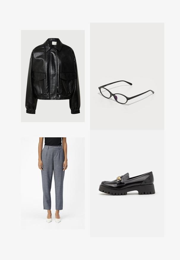 Schwarze Kunstlederjacke mit spitzem Kragen, vorderen Klapptaschen, elastischen Bündchen und elastischem Saum auf einem grauen Hintergrund.; Weißer kurzärmeliger Body aus glattem, dehnbarem Stoff. Hat einen runden Halsausschnitt und ein Tanga-Rückendesign. Minimalistisch und figurbetont.; Grau maßgeschneiderte Hose mit strukturiertem Finish, hoher Taille, seitlichen Taschen und schmalen, verkürzten Beinen. Weiße spitz zulaufende Absätze runden das Outfit ab.; Schwarze Lackleder-Latschen mit einer dicken, gezackten schwarzen Sohle und einem goldenen Hardware-Akzent an der Vorderseite. Glatte Textur, klassisches Design.; Schwarze Kunststoffbrille mit ovaler Form, ausgestattet mit klaren Gläsern und einem lila Akzent auf dem linken Glas. Elegantes, minimalistisches Design.