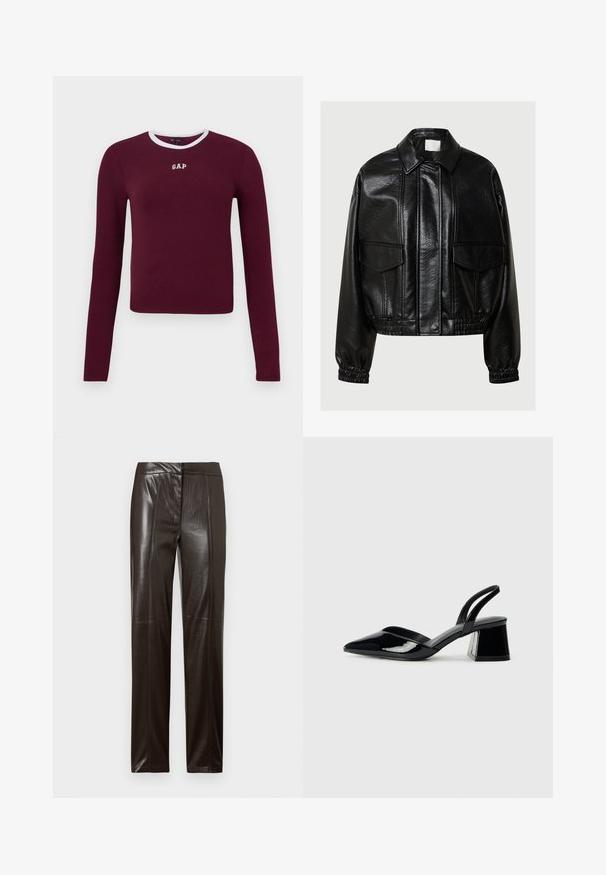 Black faux leather jacket with pointed collar, front flap pockets, elastic cuffs, and elasticated hem on a gray background.; Maroon long-sleeve ribbed top with a white crew neck trim and embroidered "GAP" logo on the chest. Features a fitted design.; Dark brown straight-leg leather trousers with a smooth finish and subtle seam detailing along the front.; Black patent leather slingback heels with a pointed toe and a geometric block heel. Features a sleek, minimal design and smooth texture.