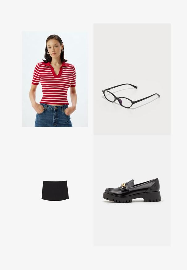 Zwarte neplederen jas met puntige kraag, voorzakken met klep, elastische manchetten en een elastische zoom op een grijze achtergrond.; Rood en wit gestreepte korte mouwen geribbelde polo met een V-hals en een effen rode kraag, gecombineerd met hoge taille denim jeans.; Zwarte minirok van soepel, rekbaar materiaal; heeft een rechte snit met een subtiele zoom en geen zichtbare sluitingen of patronen.; Zwarte gepatineerde leren instappers met een dikke, getande zwarte zool en een gouden hardwareaccent aan de voorkant. Gladde textuur, klassiek ontwerp.; Zwarte kunststof brillen met een ovale vorm, voorzien van heldere lenzen en een paarse accent op de linkerlens. Strak, minimalistisch ontwerp.