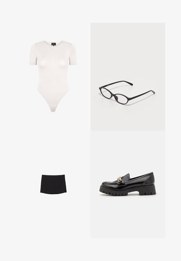 Sort kunstlæderjakke med spids krave, frontlommer med flap, elastiske manchetter og elastisk nederste kant på en grå baggrund.; Hvid kortærmet bodysuit lavet af glat, strækbart stof. Har en rund halsudskæring og en thong-rygdesignet. Minimalistisk og tætsiddende.; Sort miniskørt lavet af glat, strækbart stof; har et lige snit med en subtil kant og ingen synlige lukkemekanismer eller mønstre.; Sorte lakerede loafers med en tyk, takket sort sål og et guld hardware-element på fronten. Glat tekstur, klassisk design.; Sorte plastiske briller med oval form, der har klare linser og en lilla accent på venstre linse. Elegant, minimalistisk design.