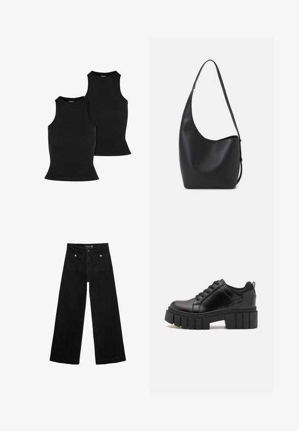 Schwarze Kunstlederjacke mit spitzem Kragen, vorderen Klapptaschen, elastischen Bündchen und elastischem Saum auf einem grauen Hintergrund.; Schwarze gerippte Tanktops, eng anliegendes Design mit hohem Kragen und ärmellosem Stil. Die Textur wirkt dehnbar und glatt und weist eine schlichte Silhouette auf.; Schwarze, weit geschnittene Jeans mit hoher Taille, die zwei Fronttaschen und metallene Knopfakzente aufweist. Der Stoff hat eine glatte Textur.; Schwarze Lederplateauschuhe mit klobigem Blockabsatz, runder Zehenpartie und traditionellem Schnürdesign. Verfügt über eine glatte Textur und minimale Details.; Schwarze Leder-Hobo-Tasche mit einer glatten Textur, geschwungener Form und einem einzelnen verstellbaren Tragegurt; verfügt über eine weite Öffnung am oberen Ende.