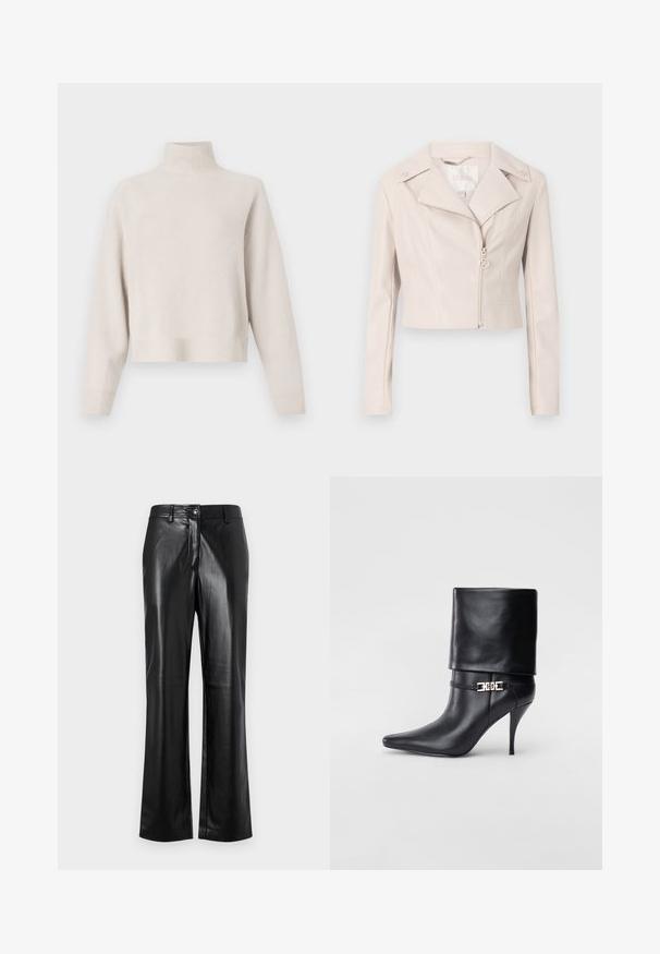 Veste en simili cuir beige clair, coupée, avec un col cranté, fermeture éclair et boutons décoratifs sur les épaules. Présente un léger éclat.; Pull à col roulé beige clair en tissu doux. Dispose d'une coupe décontractée, d'un ourlet et de poignets côtelés, et de manches longues. Design minimaliste.; Pantalon en cuir noir avec une coupe droite, présentant une fermeture à bouton sur le devant, des passants de ceinture et une texture lisse et polie.; Bottine en cuir noir avec un bout pointu, un haut talon aiguille, un revers, et un détail décoratif en boucle dorée au niveau de la cheville.