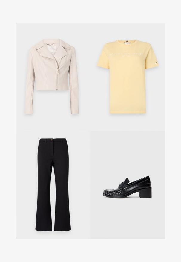 Chaqueta de imitación de cuero beige claro, recortada, con cuello con muescas, cierre de cremallera y botones decorativos en los hombros. Presenta un brillo sutil.; Camiseta de algodón amarilla de manga corta, con el logo "TOMMY HILFIGER EST. 1985" en blanco y un pequeño acento de bandera en la manga.; Pantalones negros de campana hechos de una tela suave, con cierre de botón en la parte frontal, presillas para cinturón y un diseño limpio y ajustado.; Mocasines de cuero negro con un frente rizado, puntera redonda y tacón cuadrado. Presenta una correa decorativa y un detalle de costura a lo largo de los bordes.