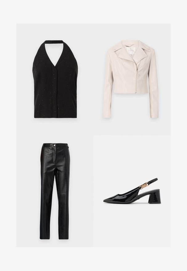 Vaaleanbeige lyhennetty keinonahkatakki, jossa on viisto kaulus, vetoketjukiinnitys ja koristepainikkeet hartioilla. Täydentää hillitty kiilto.; Musta hihaton halter-top, jossa on syvä V-pääntie, hienovaraisia kimalteita ja kapea malli, jossa on takaosassa solmimisliitos.; Mustat tekonahkahousut krokotiilikuviolla, slim fit, suoran lahkeen muotoilu, jossa on edessä nappikiinnitys ja tavallinen vyötärö.; Mustat lakatut slingback-korkokengät, joissa on terävä nenä ja kultasävyinen metalliosuus hihnassa, varustettu lohkokorolla. Sujuva pinta.