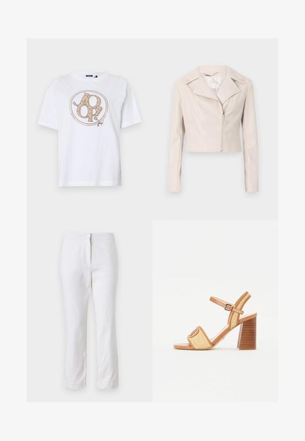 Trumpas šviesiai pilkas dirbtinės odos švarkas su iškirptu kraštu, užtrauktuku ir dekoratyvinėmis sagomis ant pečių. Pasižymi subtiliu blizgesiu.; Balta trumpų rankovių marškinėliai su apvaliu logotipo dizainu ir šviesiai rudos spalvos akcentais. Pagaminti iš medvilnės, su laisvu siluetu.; Balti medvilniniai kelnių su tiesiu kojų dizainu, turintys vidutinį liemenį ir be matomų detalių ar raštų. Lygi tekstūra visame paviršiuje.; Rudos odinės ir audinės šiaudinės aukštakulnės šlepetės su kulkšnies juostele, atvira nosimi ir plačiu medinį primenančiu kulniuku su horizontaliais raštais.