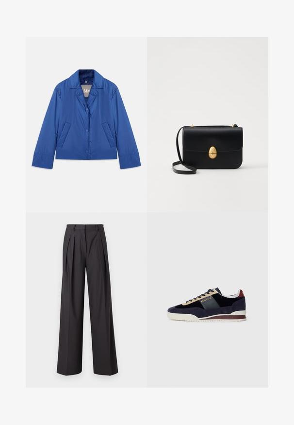 Blue padded jacket with a collared neck, front button closure, and two side pockets. Features a smooth texture and cropped design.; White long-sleeve shirt with a buttoned collar, smooth texture, straight cut, and hidden placket. Soft, lightweight fabric with no patterns.; Wide-leg trousers in dark gray fabric, featuring front pleats, a smooth texture, a mid-rise waist, and belt loops.; Navy suede sneakers with beige and dark blue accents. Features a white rubber sole and gold branding on the side. Classic athletic design.; Black leather handbag with a structured rectangular shape. Features a golden oval clasp and a thin shoulder strap. Smooth texture.