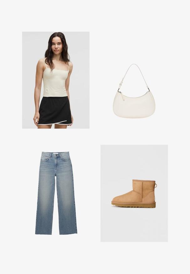 Jasnoszara płaszcz z groszkiem z dużymi brązowymi guzikami, wydłużonym kołnierzem, podwójnym zapięciem i bocznymi kieszeniami. Zawiera detale przy mankietach.; Zielona bluza z kapturem wykonana z miękkiej mieszanki bawełny, z przednią kieszenią typu kangur, ściągaczami na rękawach oraz małym haftowanym logo na klatce piersiowej.; Jasnożółty top na ramiączkach zestawiony z czarną spódnicą o falbaniastym dole i białymi wykończeniami. Gładka tekstura materiału.; Jasnoniebieskie jeansy o szerokich nogawkach, wykonane z dżinsu, z wysokim stanem, kieszeniami z przodu i zapięciem na guzik. Gładka tekstura z wyblakłymi miejscami.; Beżowe zamszowe botki za kostkę z okrągłym noskiem, przeszyciami, z pętelką z tyłu i teksturowaną gumową podeszwą. Zaprojektowane z myślą o komforcie i ciepłocie.; Biała skórzana torebka o zaokrąglonym kształcie, z regulowanym paskiem oraz zamknięciu na górze na zamek błyskawiczny. Gładka faktura z minimalną ilością detali hardware.