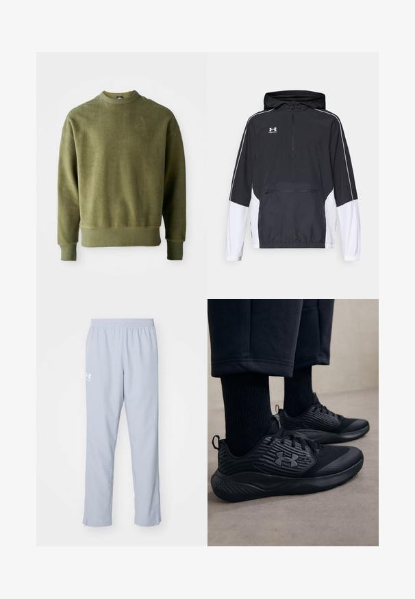 Čierno-biely pulóver s kapucňou, polozipsovým predným zapínaním, elastickými manžetami, prednou kapsou, bielymi bočnými panelmi a vyšitým logom na hrudi.; Olivový zelený sveter s textúrovaným povrchom, dlhými rukávmi, rebrovanými manžetami a lemom a jemne vyšívaným detailom na hrudníku.; Svetlomodré športové nohavice s elastickým pásom, bočnými vreckami a zipsami na členkoch. Na ľavom stehne sa nachádza biele logo.; Osoba v čiernych atletických teniskách s textúrovanými bokmi a logom, v doplnku s čiernymi ponožkami a skrátenými nohavicami na svetlej podlahe.