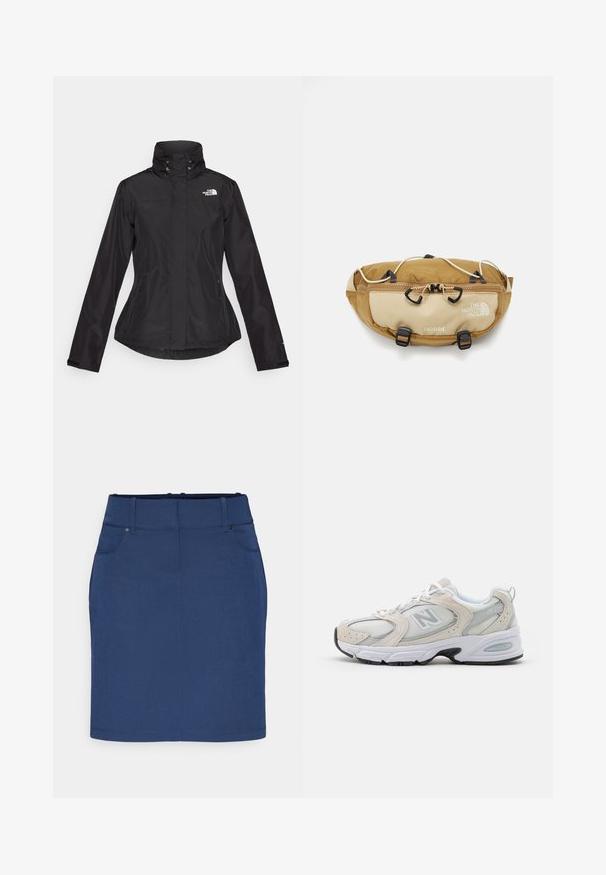 Črna vodoodporna jakna z visokim ovratnikom, dvema sprednjima žepekoma z zadrgo in logotipom na zgornji levi strani. Ima obliko z zategnjenim pasom.; Črna majica z dolgimi rokavi iz bombaža z okroglo izrezom. Ima majhen bel logotip na levem prsnem delu. Enostaven dizajn in prileganje.; Denim modra krila s ravnim krojem, s čimerno pasom, sprednjimi žepi in gladko teksturo. Brez vidnih vzorcev ali okrasnih elementov.; Atletski čevlji z lahkotnim sivim mrežastim zgornjim delom in usnjenimi poudarki, belimi vezalkami in črnim gumijastim podplatom. Opazna podrobnost ABZORB blaženja.; The North Face TERRA LUMBAR 3L UNISEX - Torbica za okoli pasu - utility brown/khaki stone