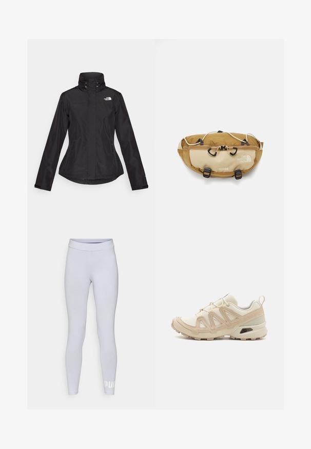 Chaqueta impermeable negra con un alto cuello, dos bolsillos frontales con cremallera y un logo en la parte superior izquierda. Presenta un diseño de cintura ajustada.; Camiseta de manga larga negra de algodón con cuello redondo. Presenta un pequeño logotipo blanco en la parte izquierda del pecho. Diseño y ajuste simples.; Leggings gris claro con una textura suave, cintura alta y logotipo blanco en la parte inferior de la pierna izquierda. Diseño ajustado.; Zapatilla deportiva beige y crema con parte superior de malla texturizada, superposiciones de soporte y suela de goma con un patrón de tracción.; The North Face TERRA LUMBAR 3L UNISEX - Riñonera - utility brown/khaki stone