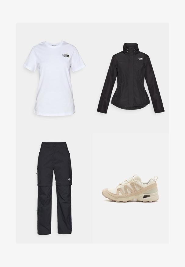 Melna ūdensnecaurlaidīga jaka ar augstu apkakli, divām priekšējām kabatām ar rāvējslēdzēju un logo augšējā kreisajā pusē. Ir izceltas saspringta vidukļa dizains.; Balts kokvilnas T-krekls ar īsām piedurknēm, ar mazu melnu logo kreisajā krūtīs. Klassisks apaļais kakls un brīvs piegriezums.; Melni nailona bikses ar noņemamām kājām, regulējamiem uzmavām, vairākām kabatām un logotipu uz labās kājas. Gluda, viegla tekstūra.; Beige un krēma sporta apavi ar strukturētu tīkla virsmu, atbalstošajiem slāņiem un gumijas zoli ar protektoru rakstu, kas nodrošina saķeri.