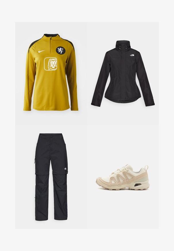 Fekete, vízálló dzseki magas gallérral, két elülső cipzáras zsebbel és a bal felső oldalon elhelyezett logóval. Formázott derék kialakítással rendelkezik.; Sárga, hosszú ujjú sportfelső negyed cipzárral, fekete vállpántokkal, oroszlán emblémával a mellkasán és Nike logóval a bal vállán.; Fekete nylon zipzáras cargo nadrág állítható mandzsettával, több zsebbel és logóval a jobb lábon. Simább, könnyű textúra.; Beige és krém színű sportcipő, texturált hálós felsőrésszel, támogató burkolattal és gumitalppal, amely tapadás érdekében bordázott mintázattal rendelkezik.