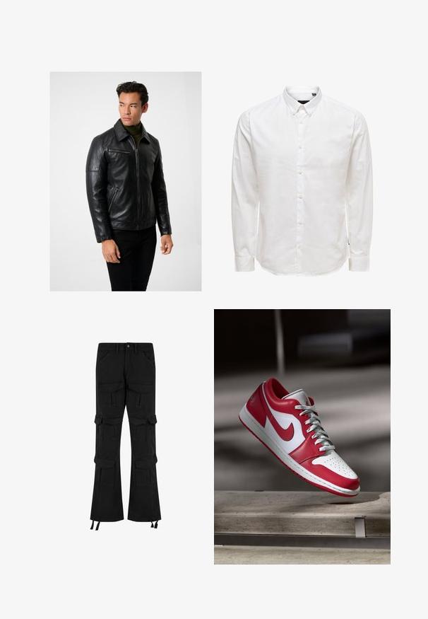 Sort læderjakke med lynlås foran, spidse krave og lynlåslommer. Glat tekstur, tætsiddende design og lange ærmer. Kombineres med mørke jeans.; Hvid langærmet skjorte med knaplukning og krave, der har en glat tekstur og seks knapper foran. Skræddersyet pasform med manchetter.; Sorte cargo-bukser lavet af denim, med flere lommer, et bredt ben-design og justerbare snore ved kanten.; Rød og hvid Nike sneakers svævende over en stenbænk i en blødt belyst indendørs setting.