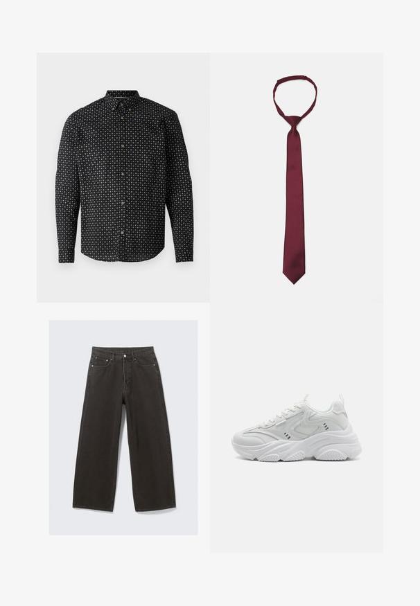 Schwarze Lederjacke mit Reißverschluss vorne, spitzem Kragen und Reißverschlusstaschen. Angenehme Textur, taillierte Passform und lange Ärmel. Kombinierbar mit dunklen Jeans.; Schwarze Hemd mit knöpfen, das ein gemustertes Design aus weißen Kreuzen aufweist. Es hat lange Ärmel, einen Kragen und goldfarbene Knöpfe.; Hochwaisted, weit geschnittene schwarze Denim-Jeans verfügen über ein Fünf-Taschen-Design und einen Knopfverschluss. Der Stoff hat eine weiche, strukturierte Oberfläche.; Weiße Sportschuhe mit strukturiertem Obermaterial, gepolstertem Zungenbereich und dicker Sohle. Designelemente umfassen geschwungene Linien und kleine Akzente an den Seiten.; Burgunderfarbige Satin-Krawatte mit glatter Textur, schmaler Breite und spitzem Ende; verfügt über eine Schlaufe für einfaches Tragen.