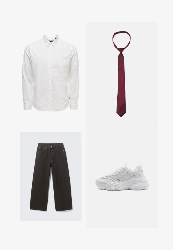 Zwarte leren jacket met een ritssluiting aan de voorkant, puntige kraag en ritszakken. Glad textuur, strakke pasvorm en lange mouwen. Te combineren met donkere spijkerbroeken.; Witte lange mouw knopsluiting shirt met een kraag, met een gladde textuur en zes knopen aan de voorkant. Getailleerde pasvorm met manchet mouwen.; Wijdbenige zwarte denim jeans hebben een hoge taille, vijf zakken en een knoopsluiting. De stof heeft een zachte, gestructureerde afwerking.; Witte sportieve schoenen met een gestructureerde bovenkant, gevoerde tong en dikke zool. Ontwerpelementen omvatten gebogen lijnen en kleine accenten aan de zijkanten.; Bordeaux satijnen stropdas met een gladde textuur, smalle breedte en spitse punt; voorzien van een lus voor eenvoudig dragen.